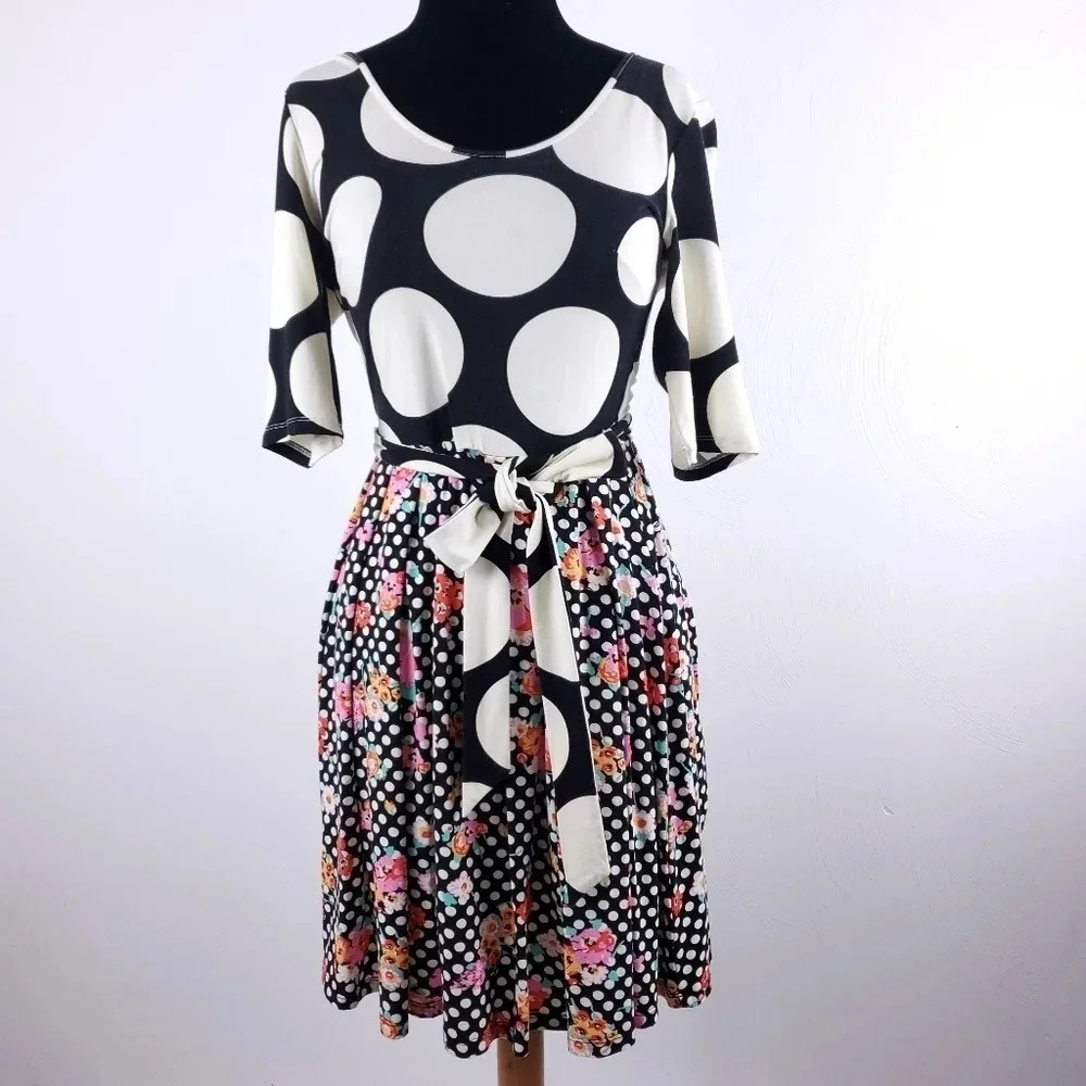 MODCLOTH Black Polka Dot Floral 3/4 Length Sleeve Mini Dress